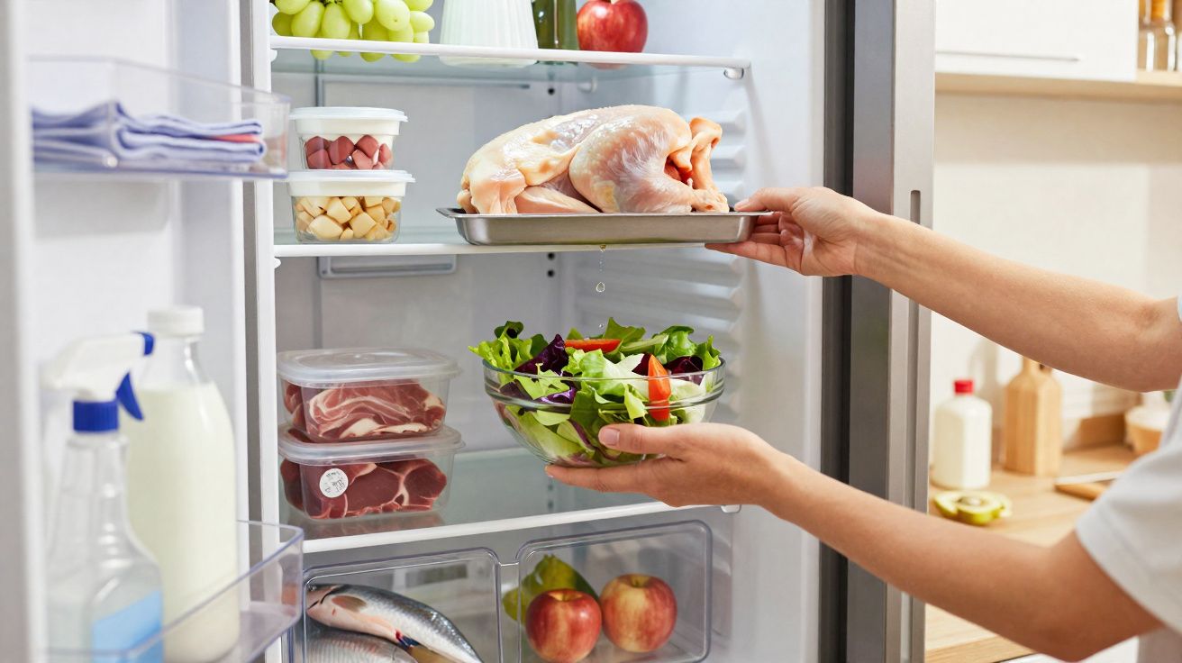 Mãos a colocar frango cru numa travessa dentro do frigorífico, com salada e outros alimentos visíveis.