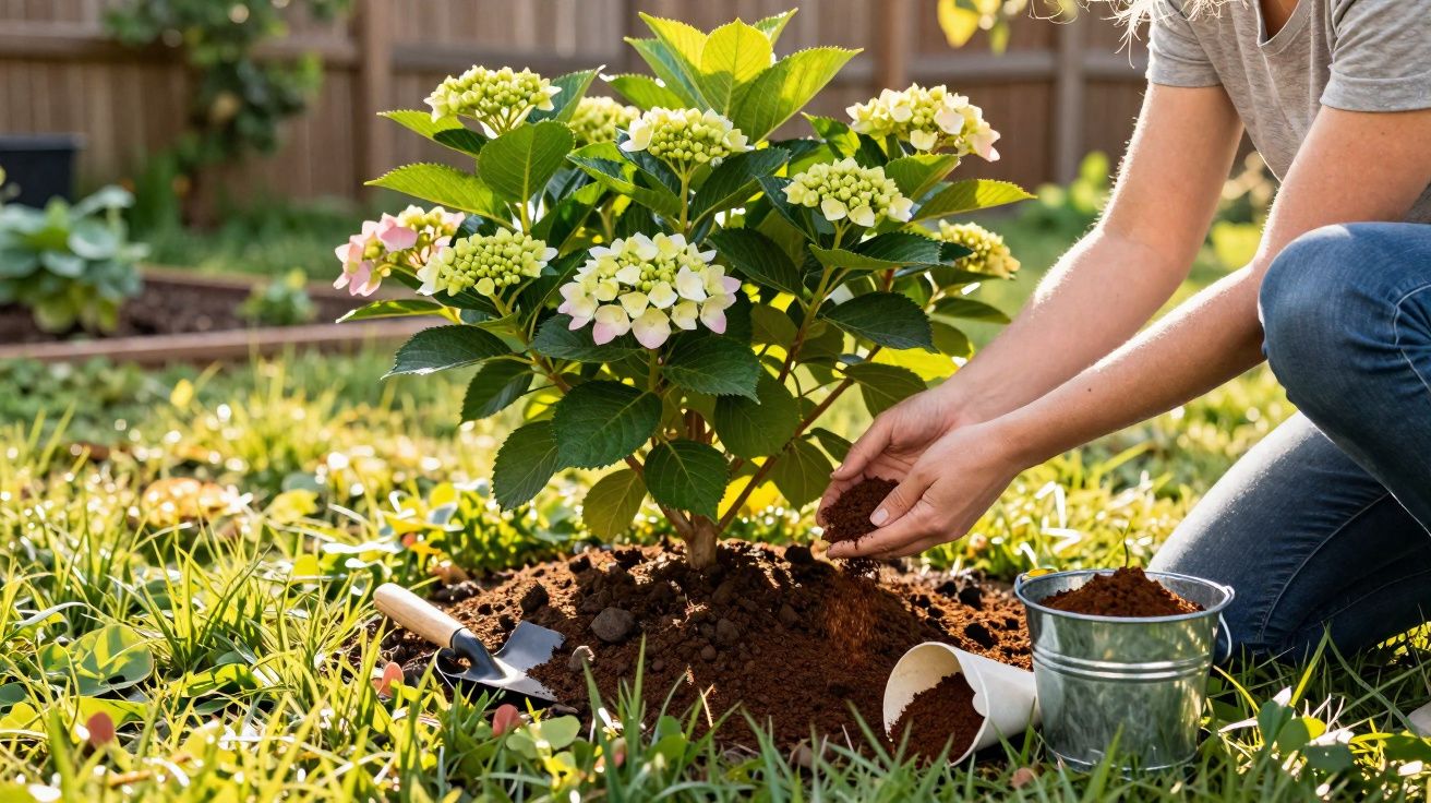 Pessoa a plantar uma flor de hortênsia num jardim ensolarado, com terra e ferramentas à volta.
