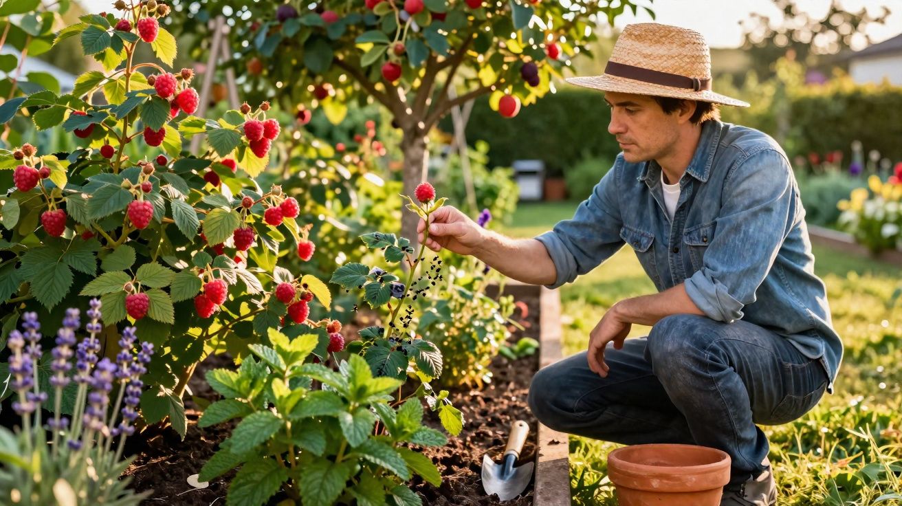 Homem com chapéu de palha apanha fruta vermelha num jardim com plantas e flores ao pôr do sol.