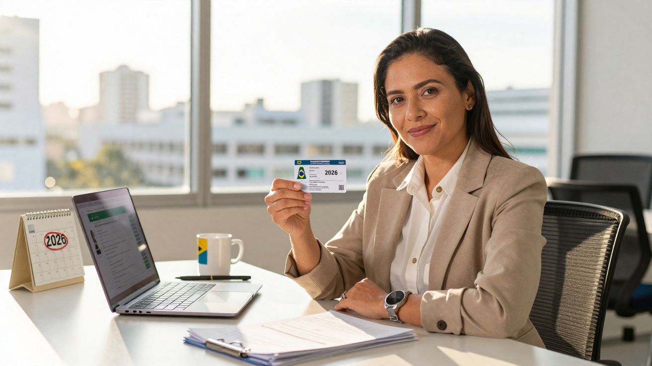 Mulher de cabelo castanho sentado na secretária com portátil a mostrar cartão de documento oficial verde e branco.