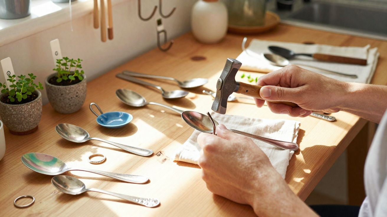 Pessoas a moldar colheres de metal numa bancada de madeira com ferramentas de precisão.