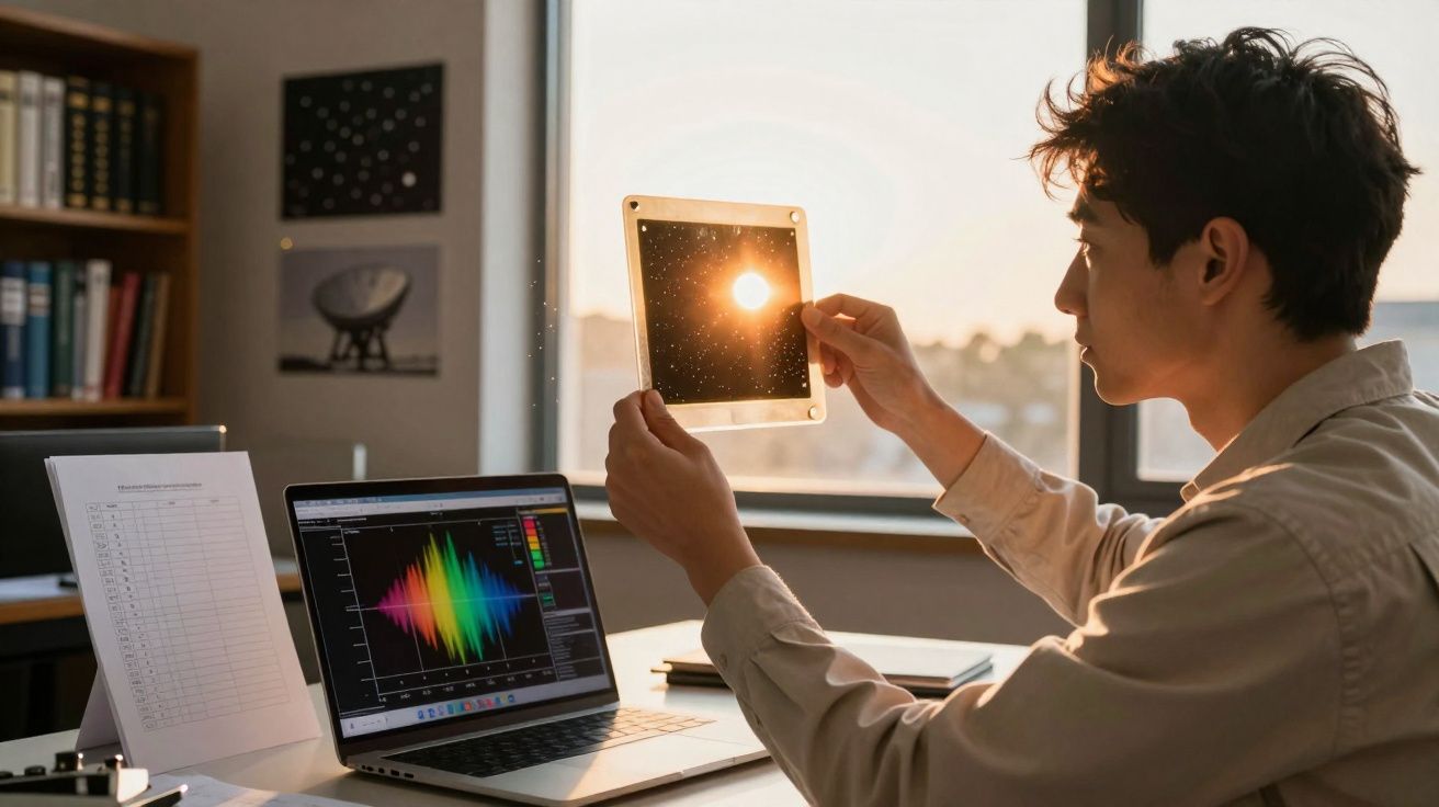 Homem a analisar imagem do sol num laboratório com computador e gráficos coloridos na secretária.