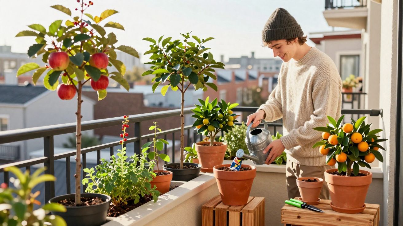 Jovem a regar plantas em vasos numa varanda ensolarada com árvores de fruto e ervas aromáticas.