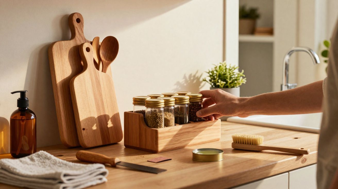 Mão feminina a pegar frasco de especiarias em suporte de madeira numa bancada de cozinha iluminada pelo sol.