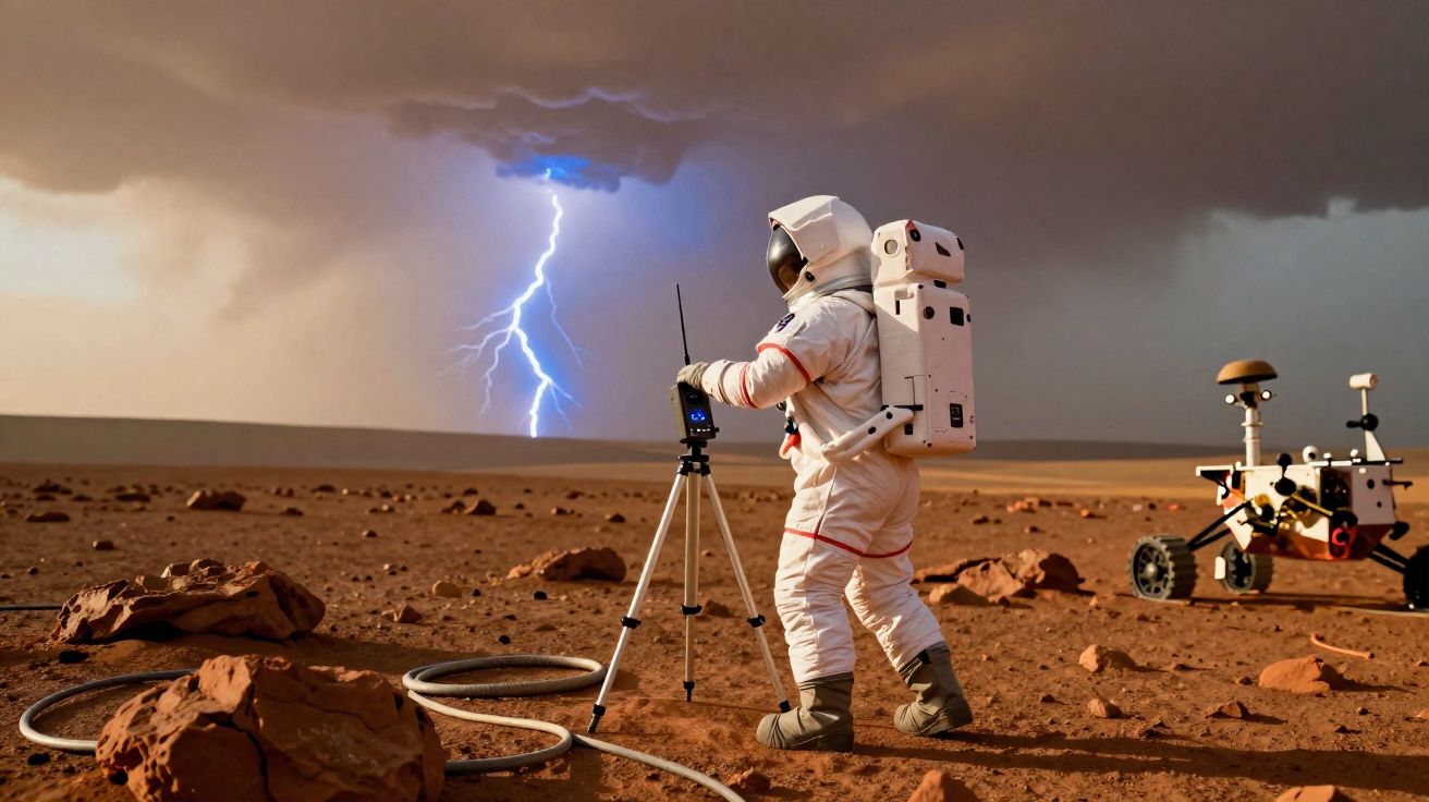 Astronauta em fato espacial a operar equipamento no solo vermelho de Marte sob céu tempestuoso com relâmpago.
