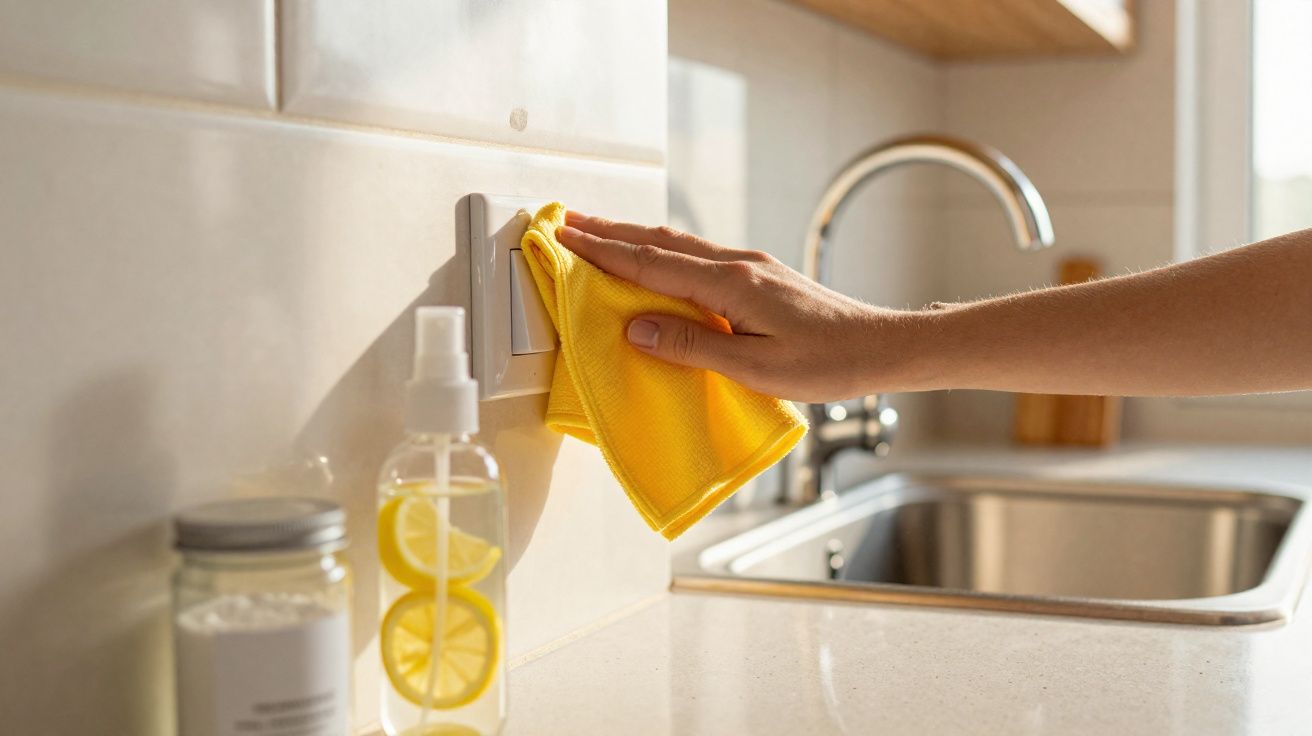 Mão limpa interruptor de luz com pano amarelo numa cozinha clara, junto a pia e produtos de limpeza.