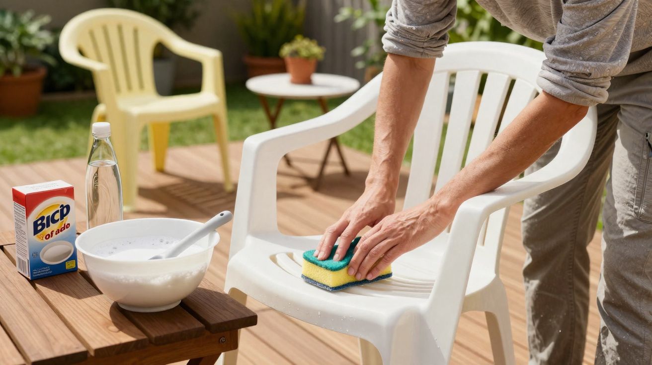 Pessoa a limpar cadeira de plástico branco com esponja verde e amarela num terraço com mesa e jardim.