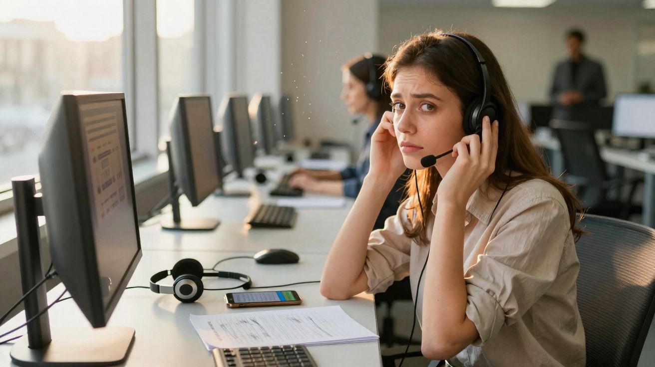 Jovem com auscultadores em call center, sentada à frente de computador num ambiente de escritório moderno.