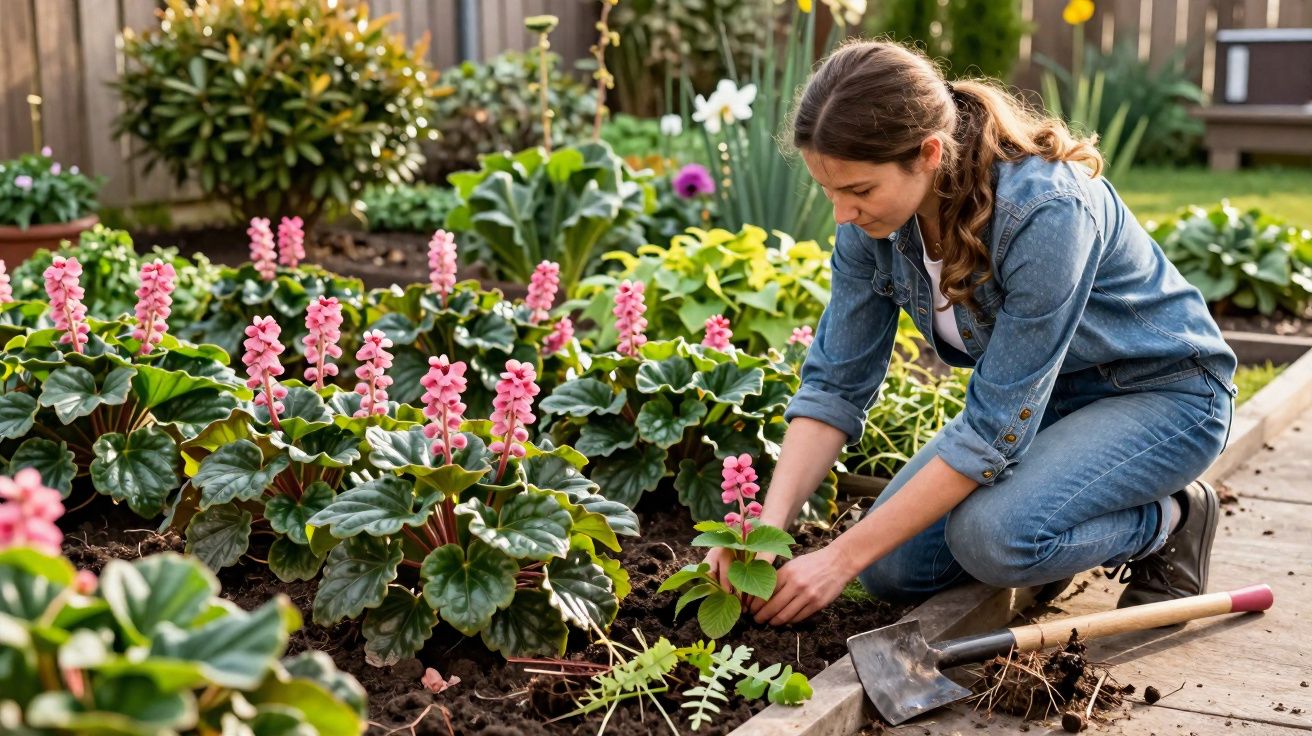 Mulher a cuidar de plantas com flores cor-de-rosa numa área de jardim soalheira, usando fato de ganga.