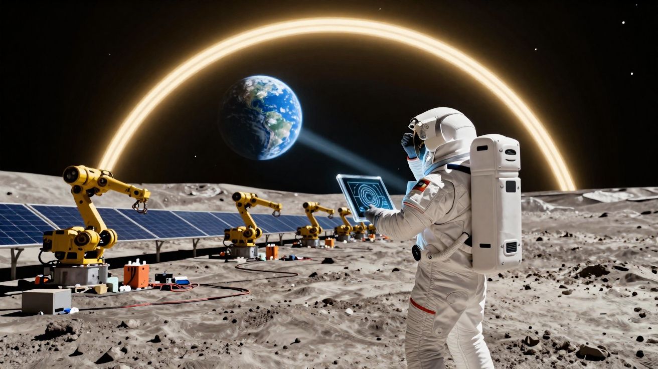 Astronauta com tablet junto a robôs e painéis solares na superfície lunar com a Terra ao fundo.