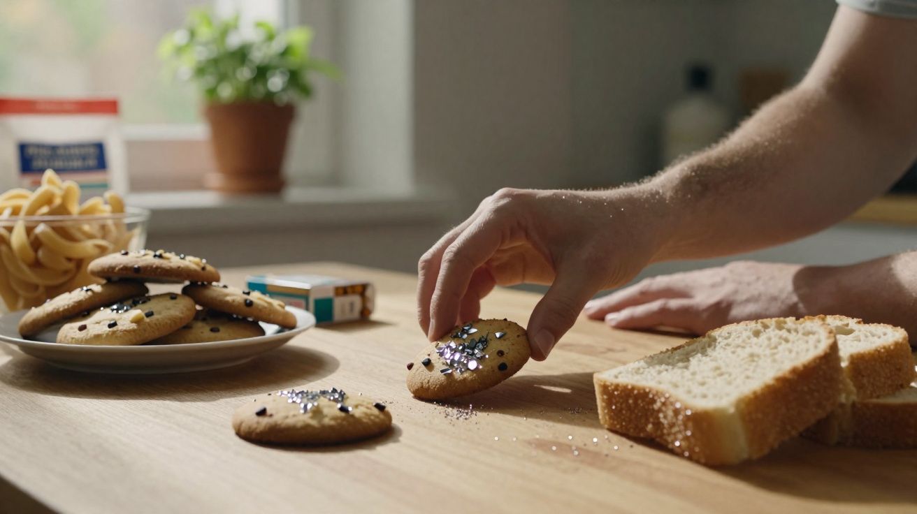 Mão a pegar uma bolacha decorada com purpurina numa mesa com bolachas e fatias de pão.