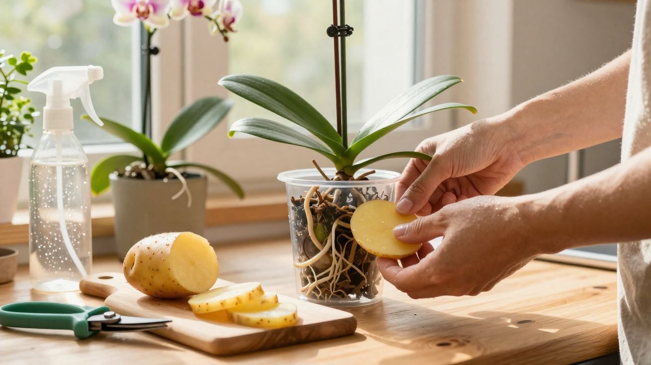 Pessoa a esfregar batata em raízes de orquídea num vaso transparente sobre mesa junto a janela.