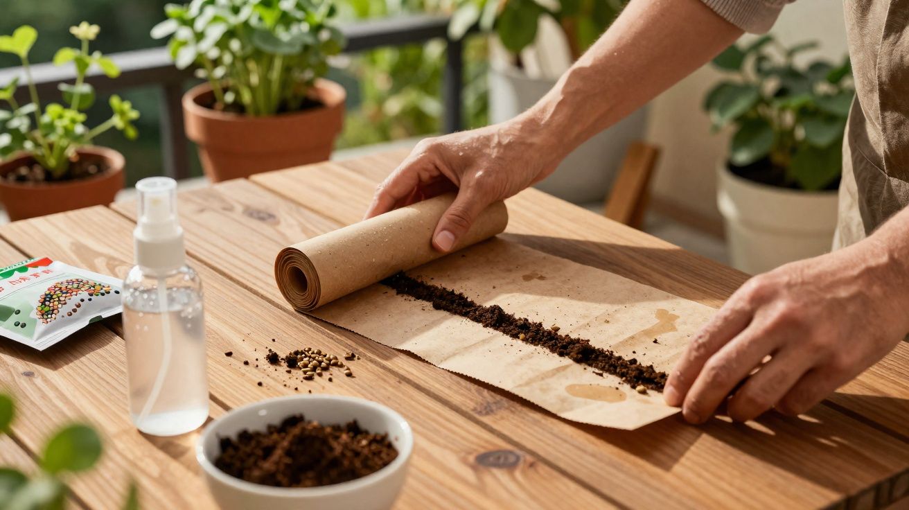 Pessoa a enrolar papel com terra e sementes para plantar numa mesa de madeira, com plantas ao fundo.