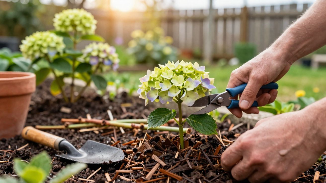 Pessoa a podar flor de hortênsia num jardim com ferramentas de jardinagem à volta.