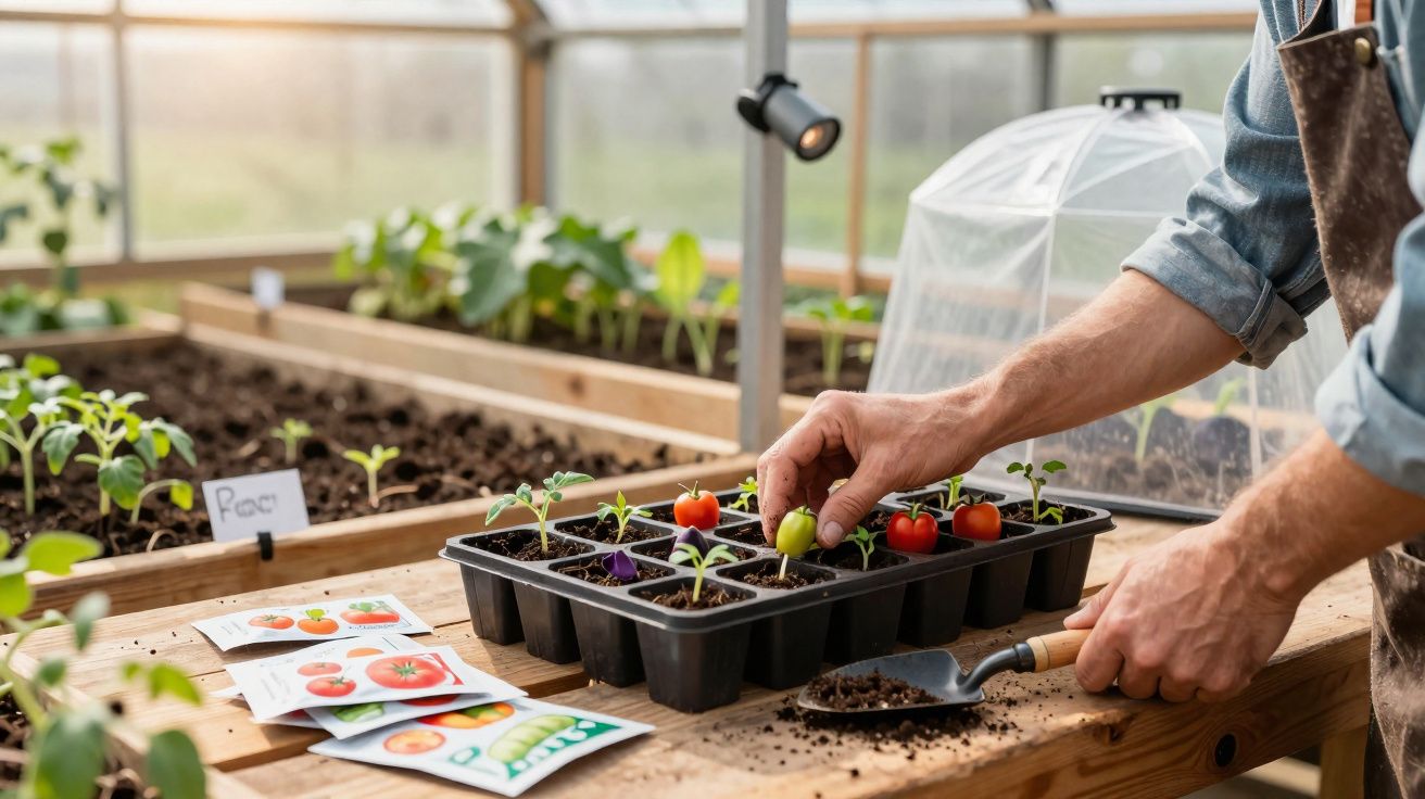 Pessoa a transplantar mudas de tomate numa estufa, com pacotes de sementes sobre a mesa de madeira.