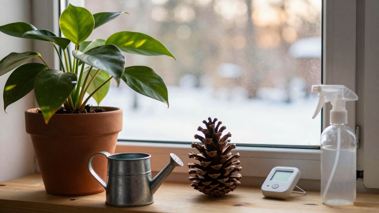 Vaso com planta, regador, pinha, termómetro digital e borrifador numa janela com luz natural.
