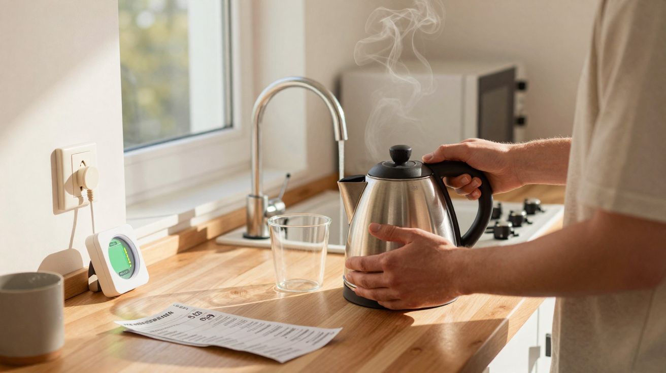 Pessoa a segurar jarro elétrico a ferver água numa cozinha com bancada de madeira e copo vazio.