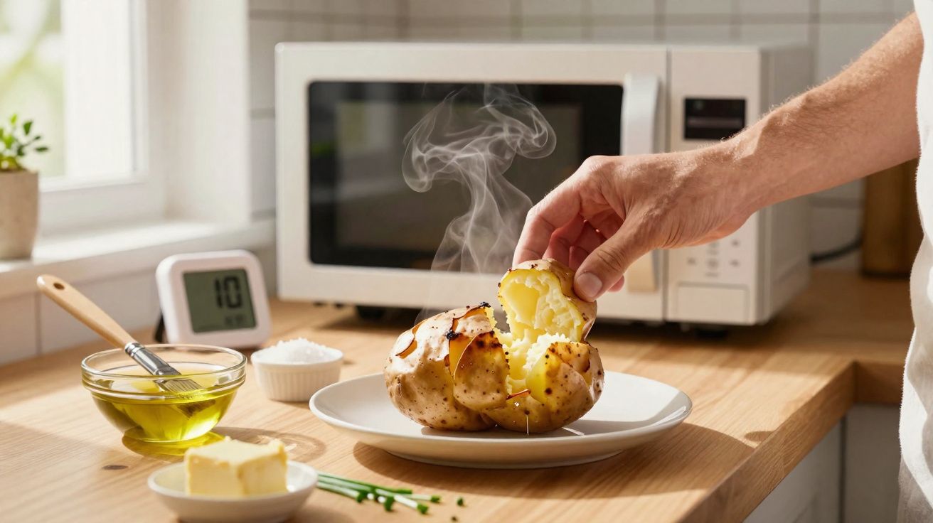 Mão a partir batata quente cozida, fumegante, em prato na cozinha com micro-ondas e ingredientes à volta.