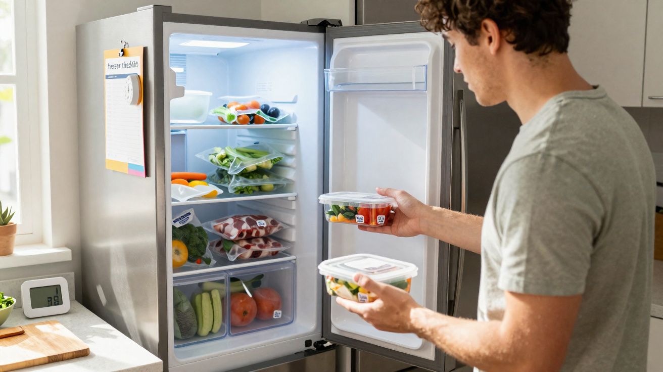 Pessoa a organizar frutos e vegetais em recipientes dentro de frigorífico aberto em cozinha moderna.