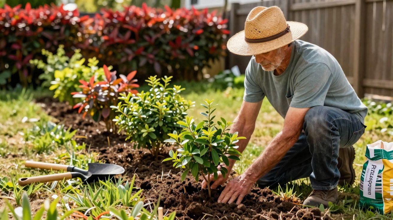 Homem idoso a plantar arbusto num jardim com ferramentas e saco de substrato ao lado.