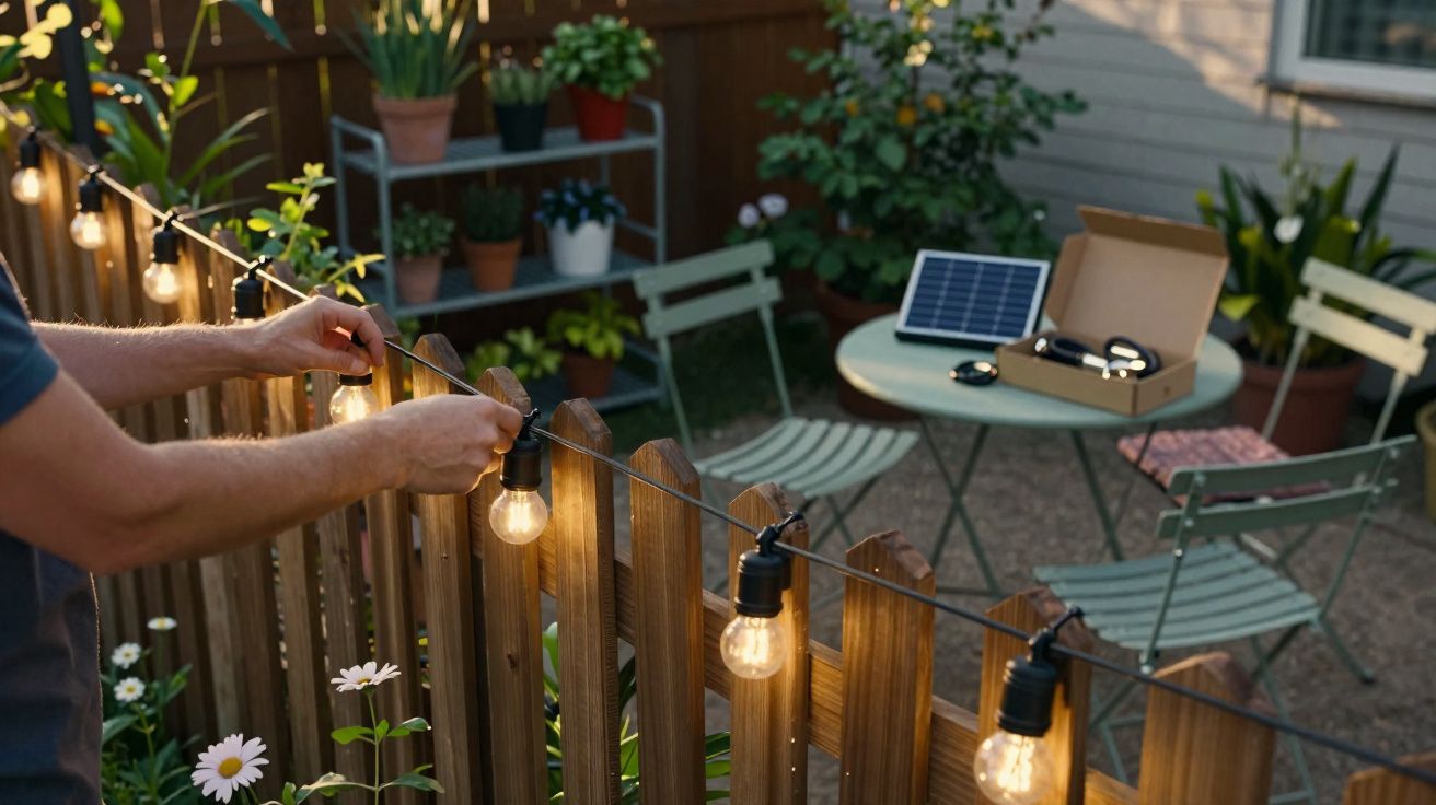 Pessoa a instalar luzes decorativas numa vedação de jardim com mesa e cadeiras ao fundo.