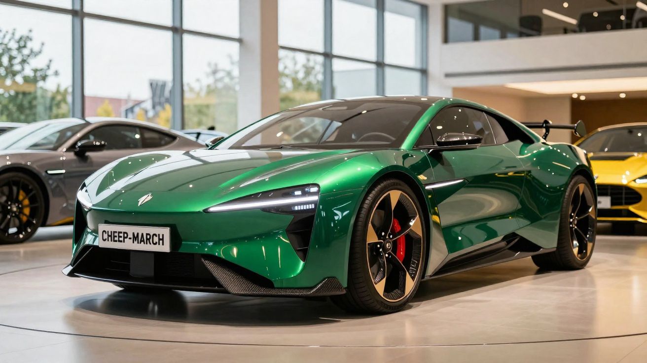 Carro desportivo verde metálico com jantes pretas e detalhes vermelhos em exposição interior moderna.