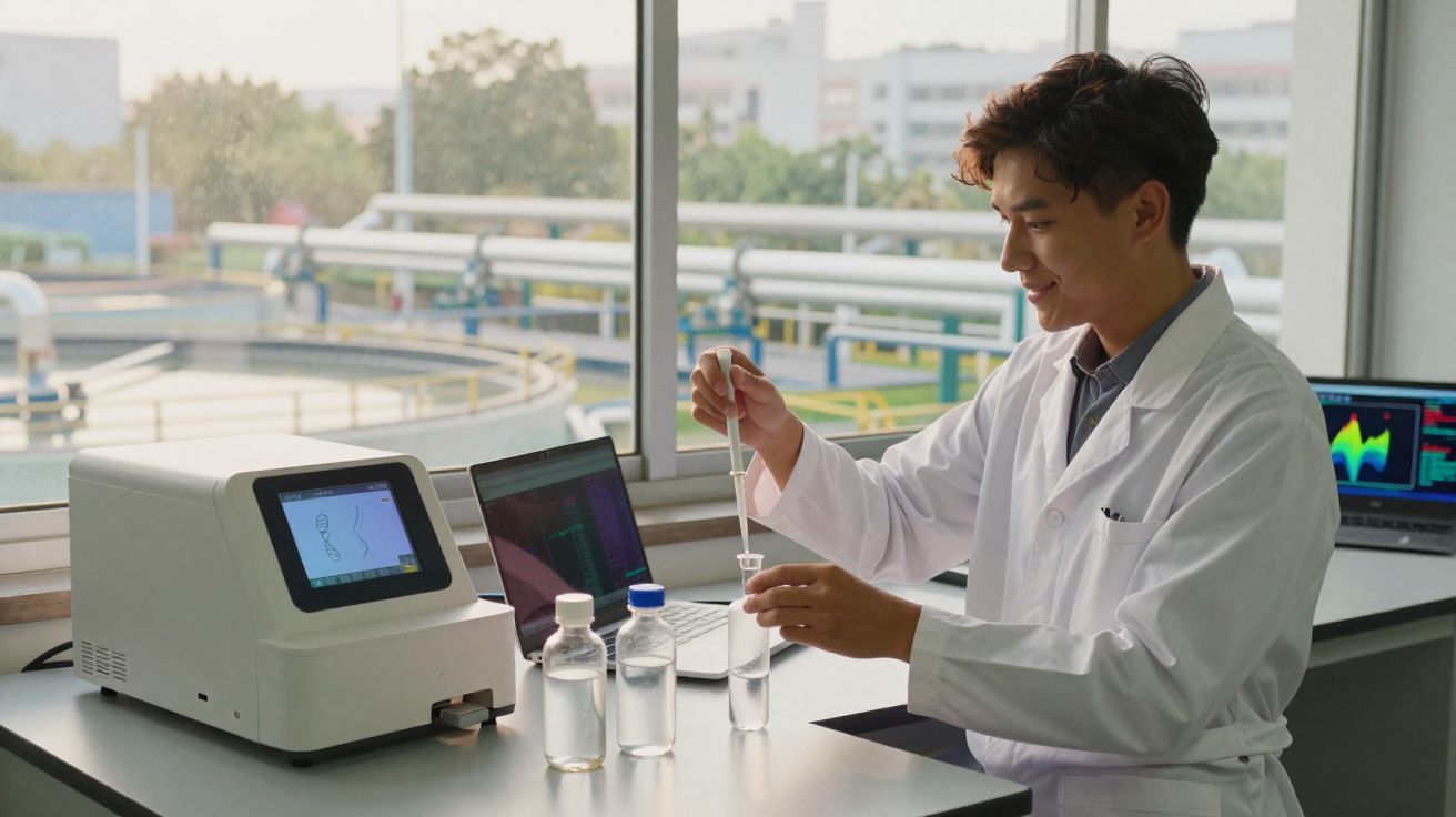 Cientista em bata branca utiliza pipeta em laboratório moderno com equipamento e computador ao fundo.