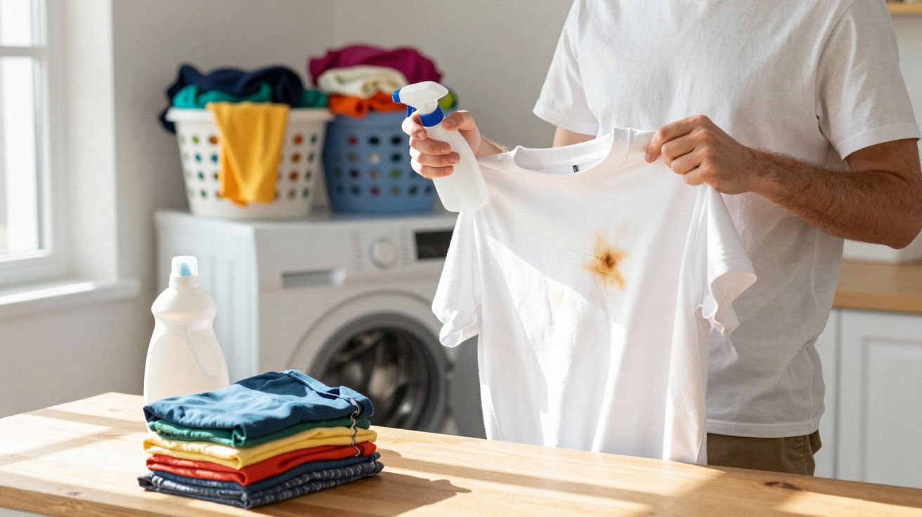 Pessoa a aplicar detergente numa t-shirt branca com nódoa castanha, com lavadora e roupa dobrada ao fundo.