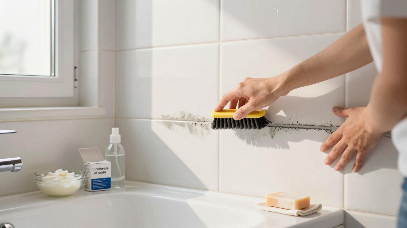 Pessoa a limpar sujidade a preto entre os azulejos brancos com uma escova numa casa de banho.