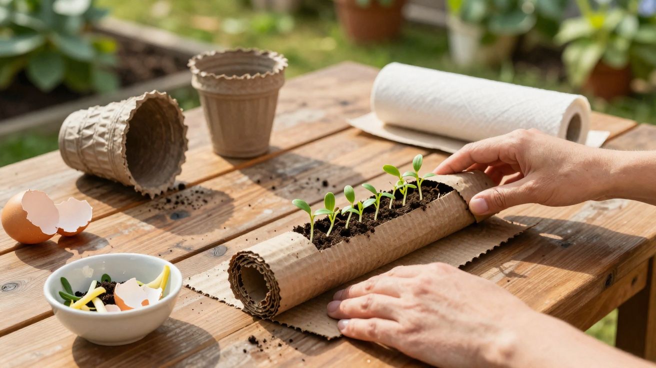 Mãos a plantar sementes em substrato dentro de rolo de cartão numa mesa de madeira ao ar livre.