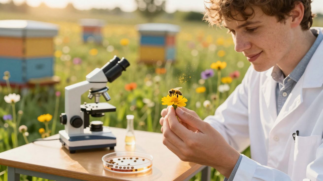 Jovem cientista observa abelha numa flor amarela num campo florido com microscópio e placa de Petri na mesa.