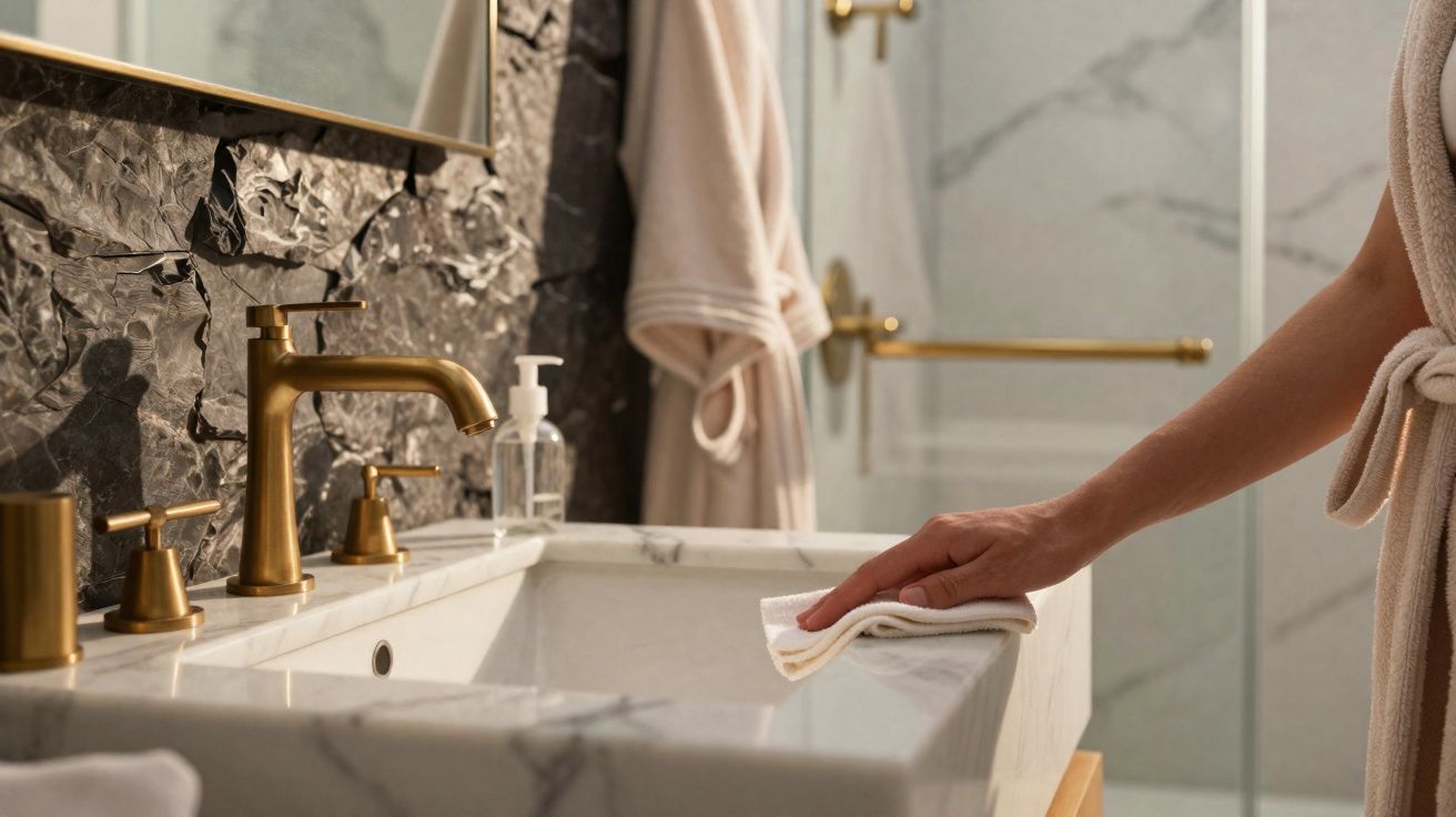 Pessoa a limpar pia de mármore branca numa casa de banho com torneiras douradas e rolo de toilette pendurado.