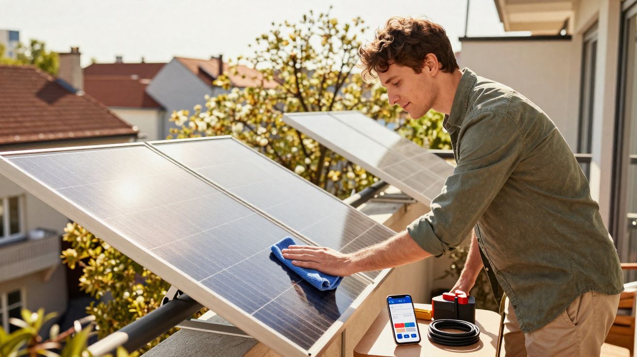 Homem limpa painéis solares num terraço ensolarado com ferramentas e smartphone ao lado.