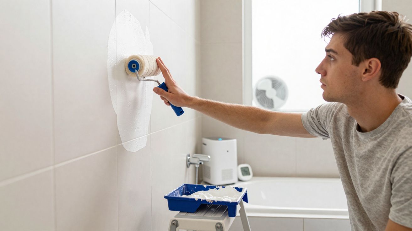 Homem a pintar parede de azulejos brancos numa casa de banho com rolo de pintura.