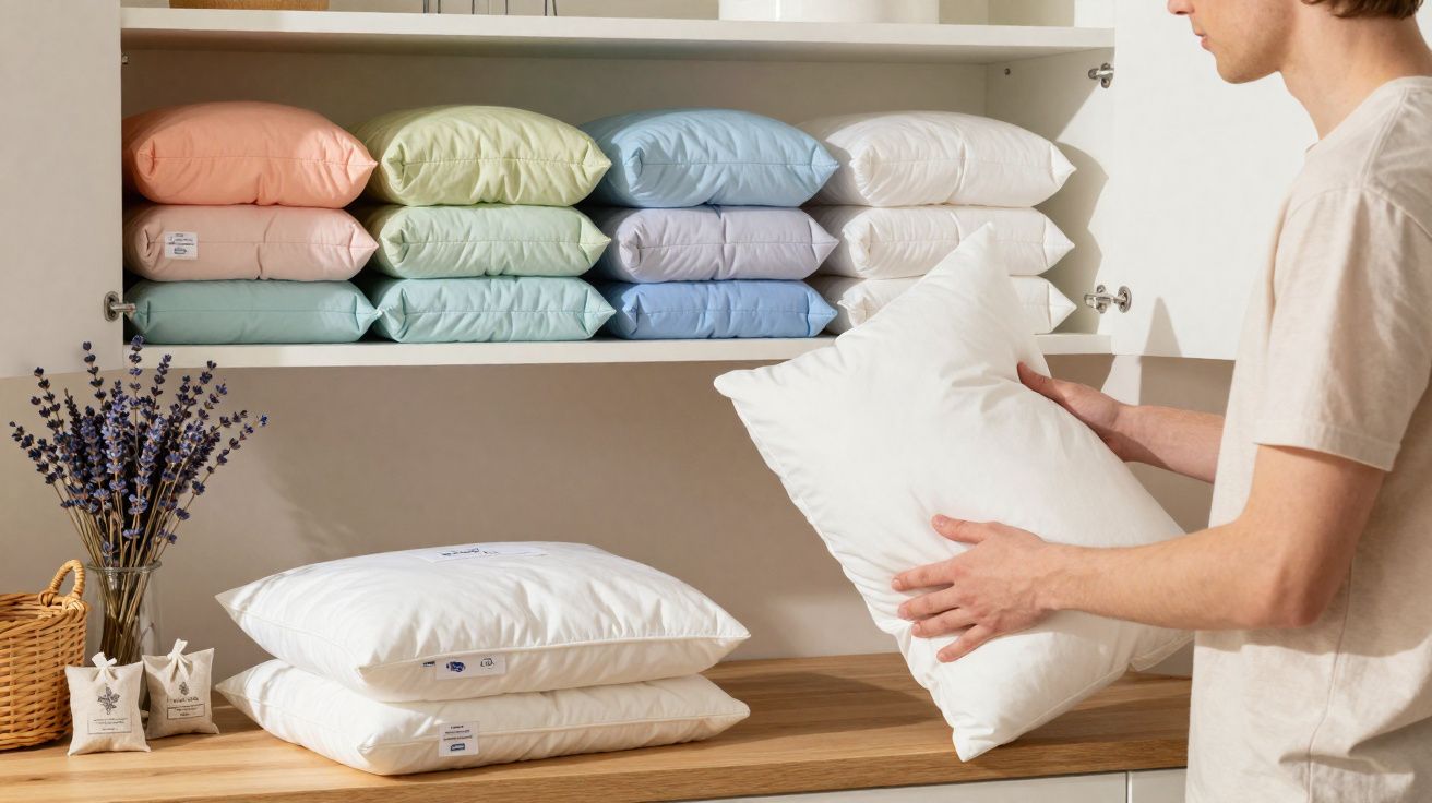 Pessoa a segurar almofada branca em frente a prateleira com almofadas coloridas organizadas em casa.