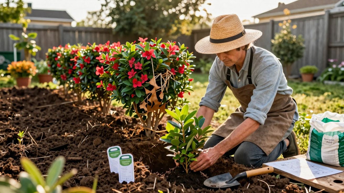 Homem a plantar arbusto com flores vermelhas num jardim ensolarado, usando chapéu e avental.