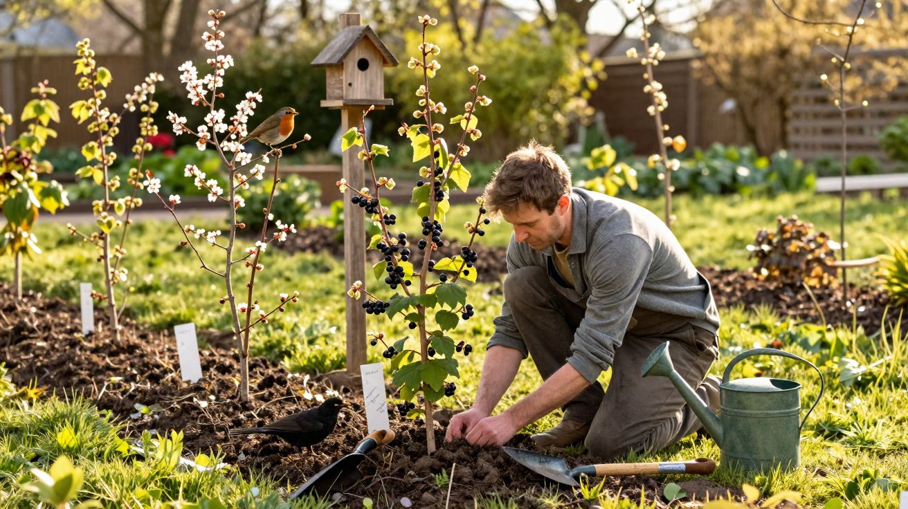 Homem a cuidar de plantas num jardim com regador, pá, caixa-ninho e pássaros em arbustos floridos.