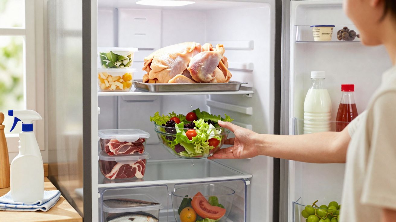 Pessoa a guardar uma taça de salada fresca dentro de frigorífico com vários alimentos organizados.