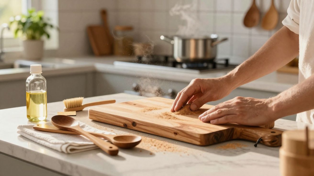 Mãos a limpar tábua de cortar madeira com escova numa cozinha luminosa, utensílios de madeira à mesa.
