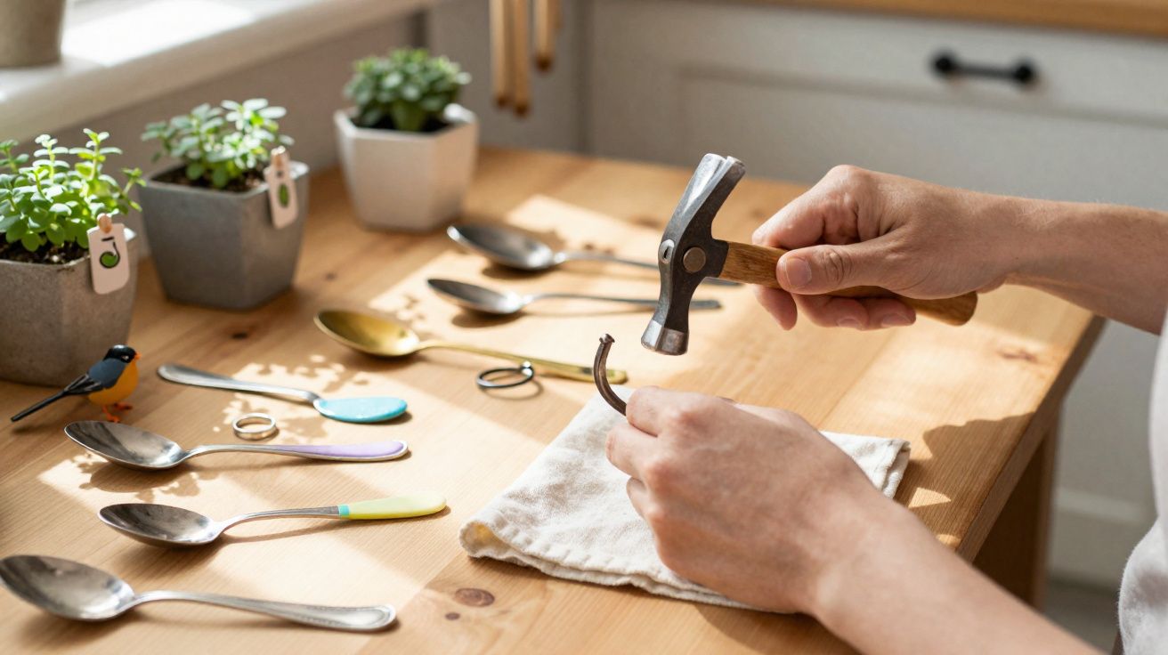 Pessoa trabalha com martelo e alicate para criar ou ajustar anel, mesa de madeira com colheres e plantas.
