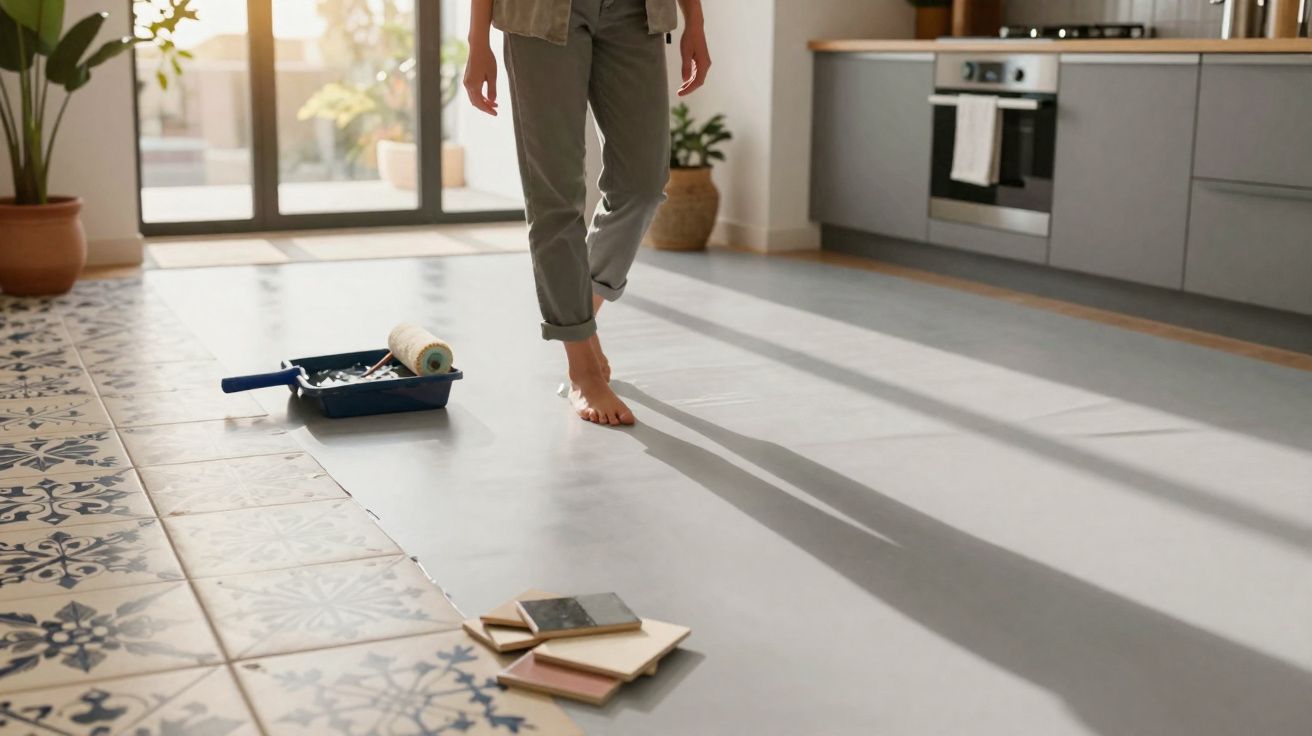 Pessoa descalça caminha numa cozinha durante renovação do chão, com rolo de pintura e azulejos decorativos no chão.