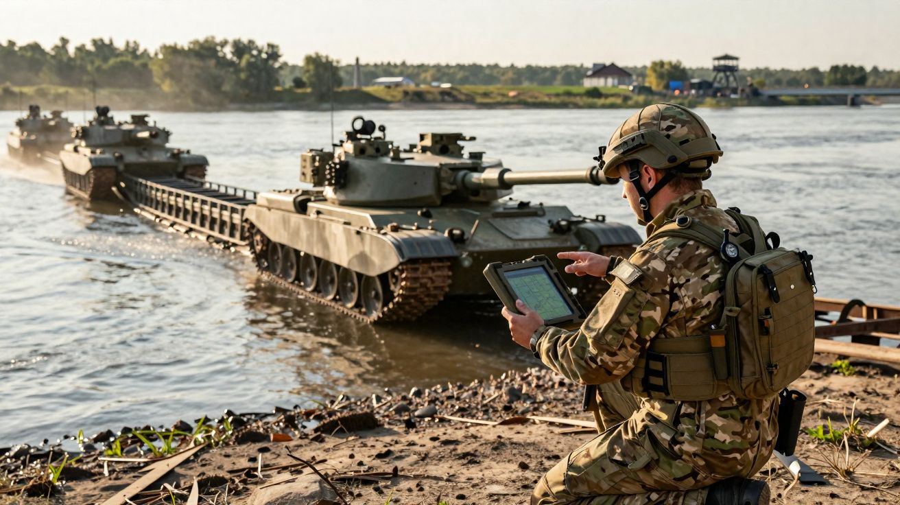Soldado em uniforme camuflado manuseia tablet junto a tanques a atravessar rio sobre ponte flutuante.