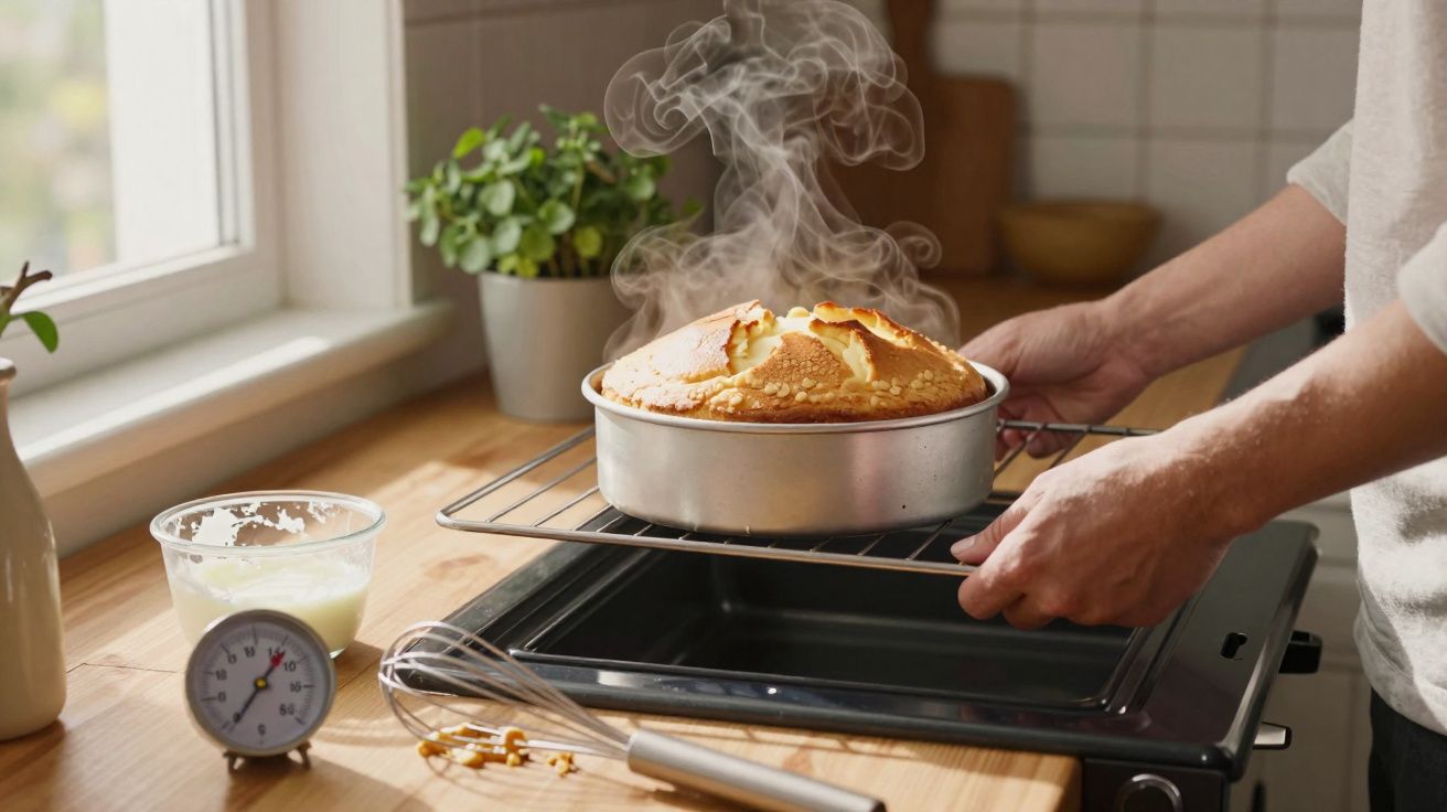 Pessoa a retirar bolo acabado de sair do forno com vapor visível numa cozinha iluminada pela janela.