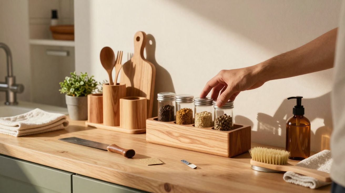 Mão ajusta frasco de especiarias num armário de cozinha com utensílios de madeira e plantas.
