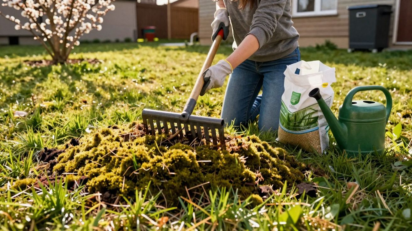 Pessoa a usar um ancinho para limpar um jardim com regador e saco de fertilizante ao lado.
