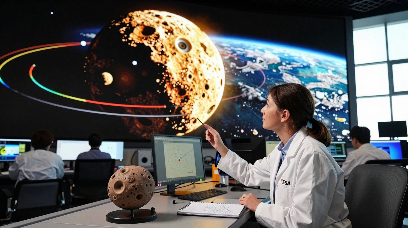 Cientista da ESA aponta para imagem da Lua com mapa orbital em monitor, em sala de controlo espacial.