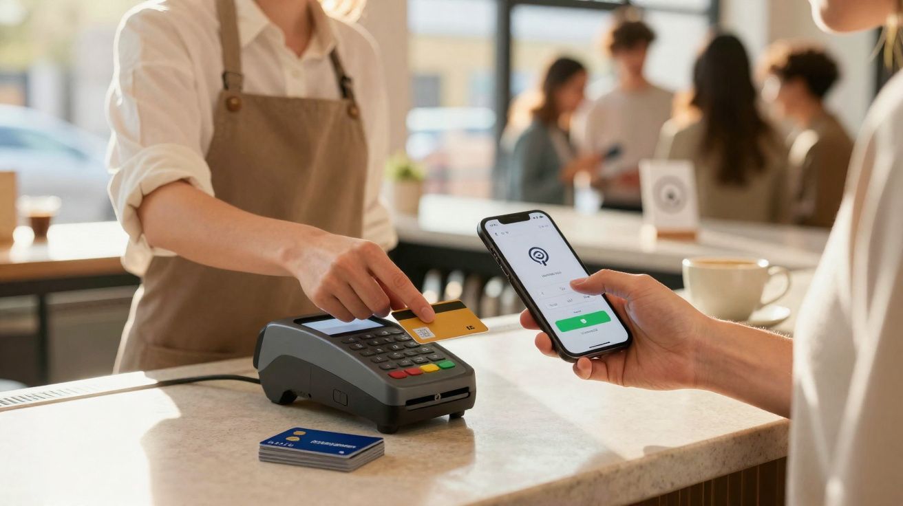 Cliente a pagar com telemóvel enquanto funcionário usa cartão contactless num terminal de pagamento num café.
