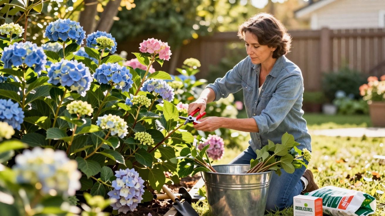 Mulher a podar flores coloridas de hortênsia num jardim ensolarado, com ferramentas e balde metálico.