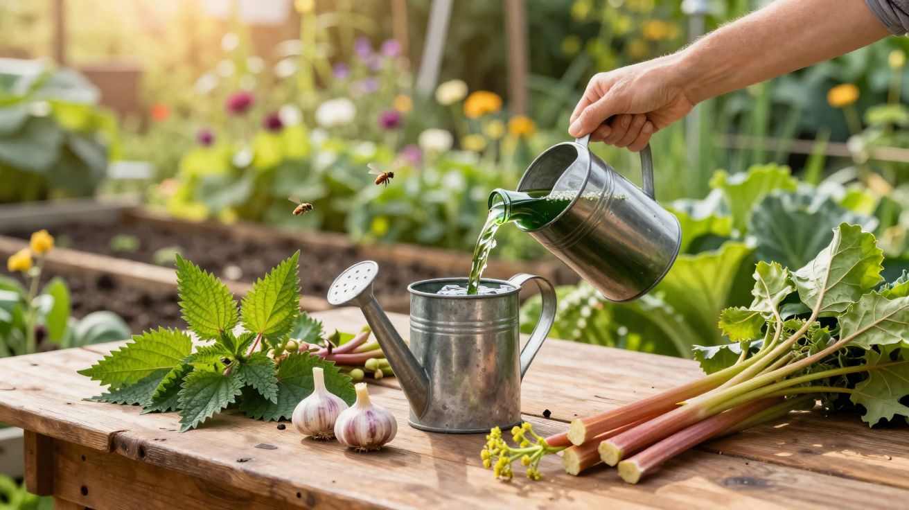 Pessoa a verter líquido verde para um regador metálico numa mesa de madeira com plantas e alho ao sol.
