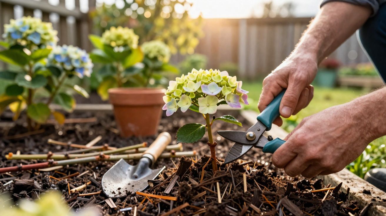 Mãos a podar uma planta de flor amarela e lilás num jardim com terra, pá e vaso ao fundo.